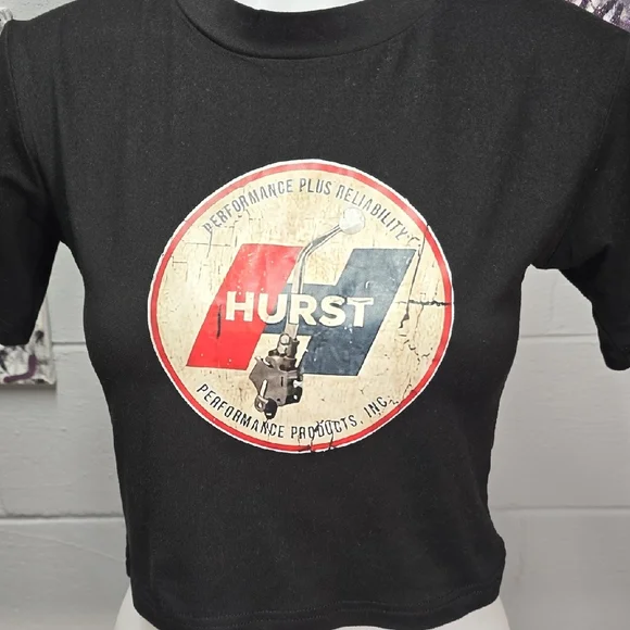 HURST Black Cropped Graphic Tee with Red & Blue Logo - Picture 2 of 6